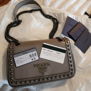 NEW Rare Prada Argilla Glace Pattina Shoulder/Cross Body Calfskin Studded Bag